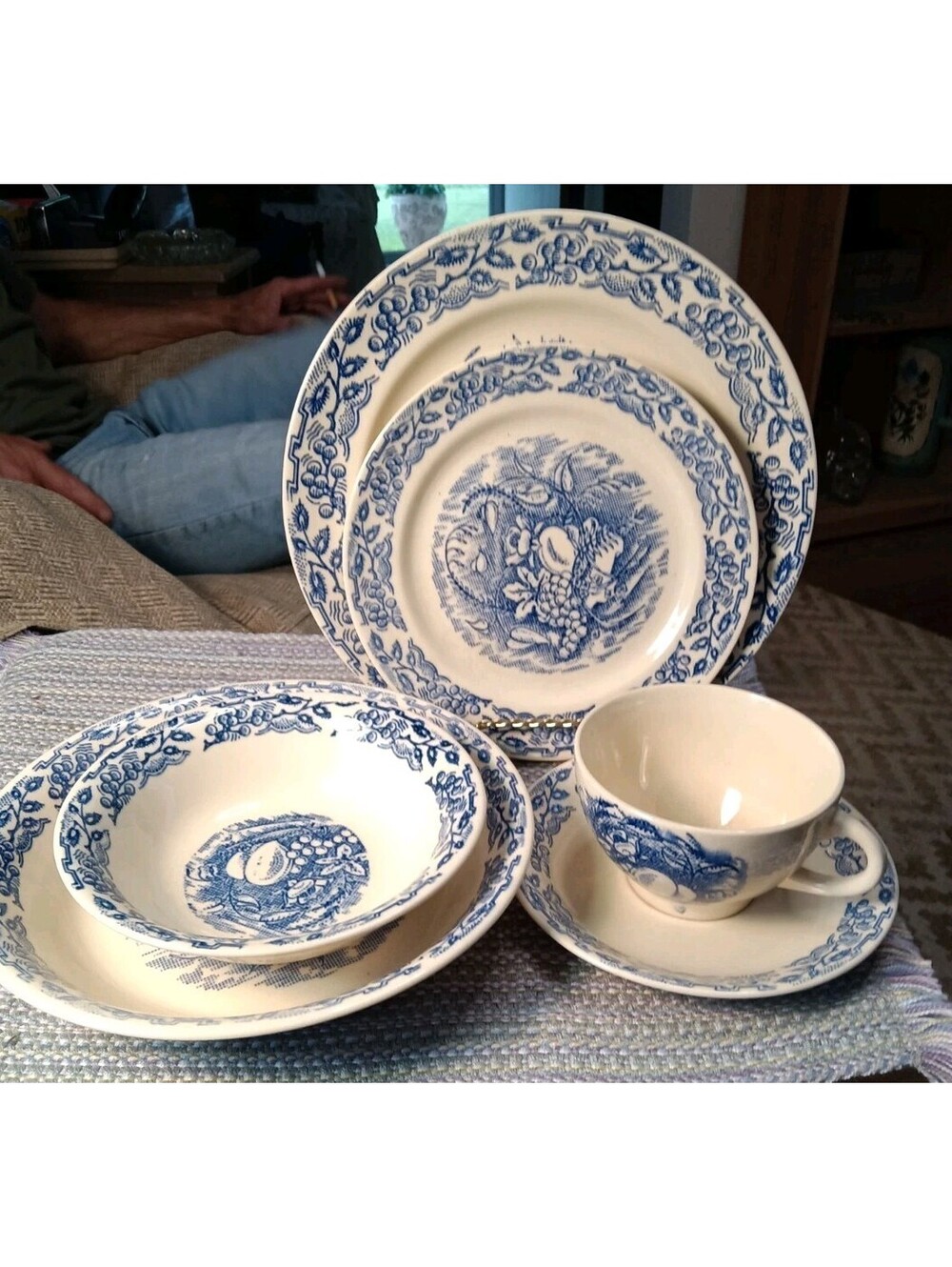 1940 Universal Potteries Camwood Ivory Blue Colonial Kitchen Dinnerware American
